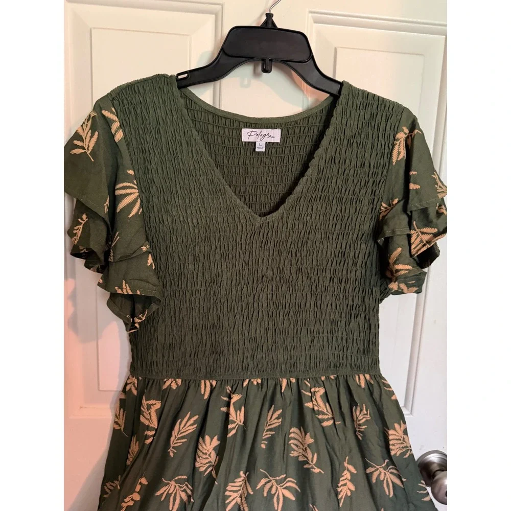 Polagram Olive Green Smocked Leaf Print Maxi Dress Flutter Sleeve L PSD3944-S - Picture 5 of 10